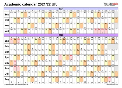 Printable Academic Calendar 2021 22 Uk