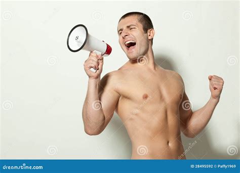 Shirtless Muscular Man Screaming Into Megaphone Stock Photography CartoonDealer Com