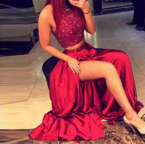 Red Two Pieces Prom Dresses 2016 High Neck Beaded Thigh High Slit Sexy