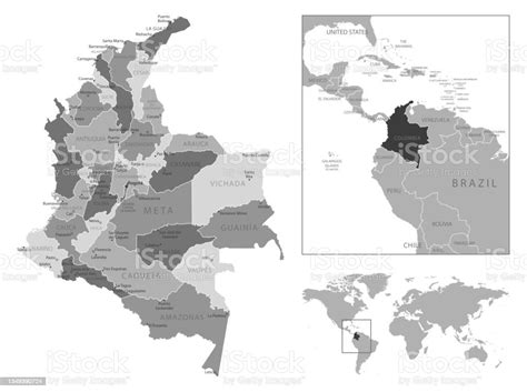 Colombia Highly Detailed Black And White Map Stock Illustration
