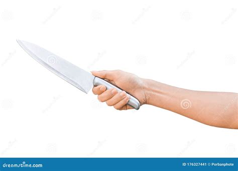 Hand Holding Stainless Knife Isolated On White Background Stock Image