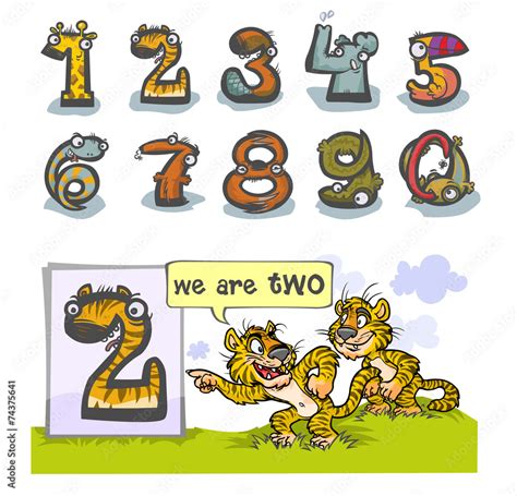 Cartoon Animal Numbers With Number Two As Tigers Stock Illustration