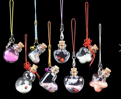 Mixed 10 Shape Mini Glass Bottles Key Chain Pendants Small Wishing