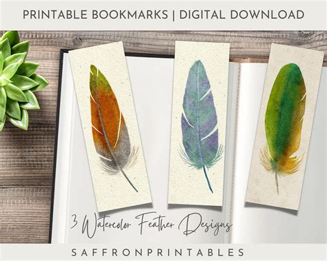 Printable Watercolor Feather Bookmark Download Instant Etsy
