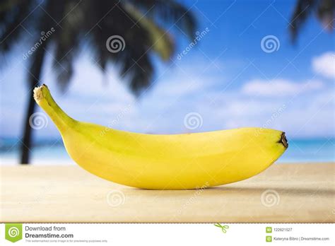 Fresh Yellow Banana With Palm Beach Behind Stock Image Image Of