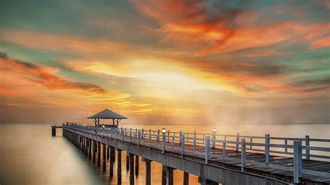 Beautiful Sunset Over The Pier Sky Clouds Oceans Sunsets Piers