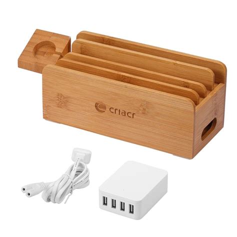 Criacr Charging Station Multi Device Bamboo Charger Dock Organizer With