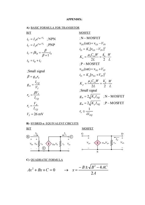 Formula Sheet Appendix A Basic Formula For Transistor Bjt Mosfet Ic