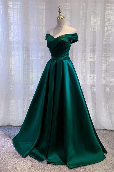 Imported Satin Emerald Green Prom Dresses 2021 Pleated A Line Off