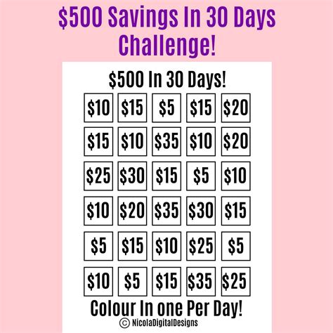 500 Money Saving Challenge Printable Save 500 In 30 Days Savings