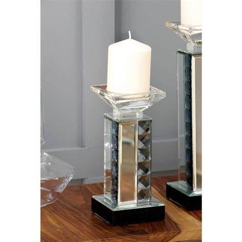 Litton Lane 9 In Mirrored And Faceted Square Column Candle Holder