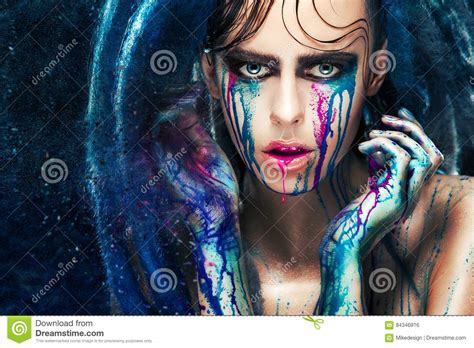 Fashion Model Girl Portrait With Colorful Paint Make Up Woman Bright