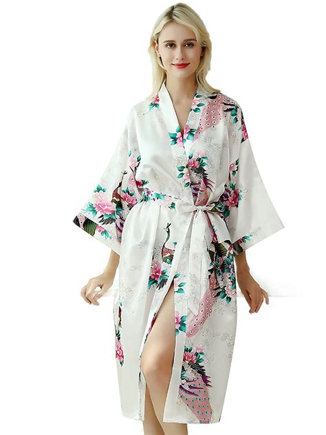 Feinuhan Women S Peacock Floral Satin Robe Kimono Silky Nightgown Sleepwear