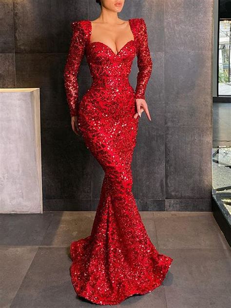 Red Sequin Gown Long Sleeve Dresses Images 2022