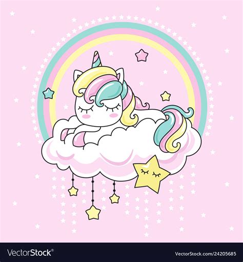 Cute Kawai Rainbow Unicorn Sleeping On A Cloud Vector Image