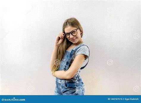 Portrait Of A Smiling Beautiful Young Girl With Glasses Smart Child
