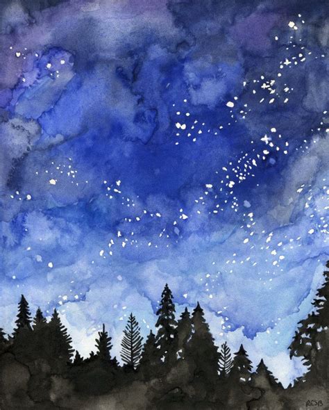 Illustration vectorielle de pleine lune avec étoiles et arbres. Épinglé sur Aquarelles : paysage / Watercolors: landscape
