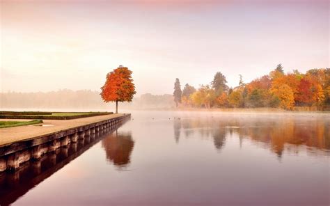 Nature Landscape Sunrise Lake Forest Mountain Fall Reflection Boat Trees Water Mist Calm Yellow