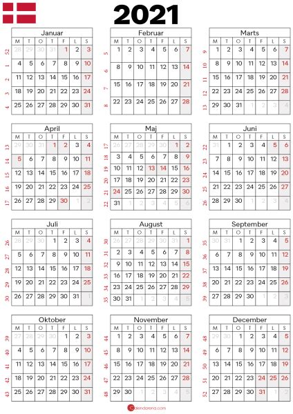 Als ferienkalender, urlaubskalender, urlaubsplaner, reiseplaner, ferienplaner. kalender 2021 til print : Danmark