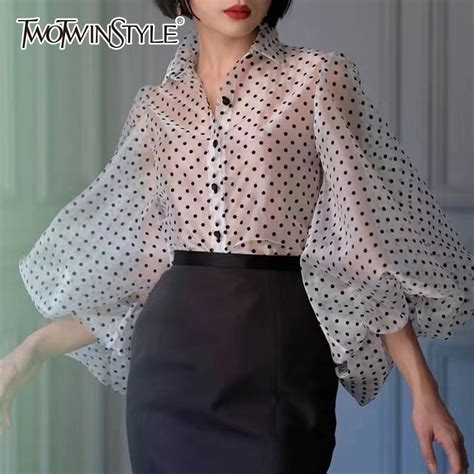 twotwinstyle polka dot shirt blouse women lapel collar lantern long sleeve perspective tops