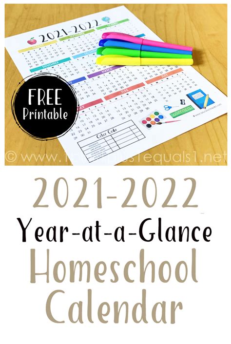 Free 2021 2022 Year At A Glance Homeschool Calendar Printable 1111