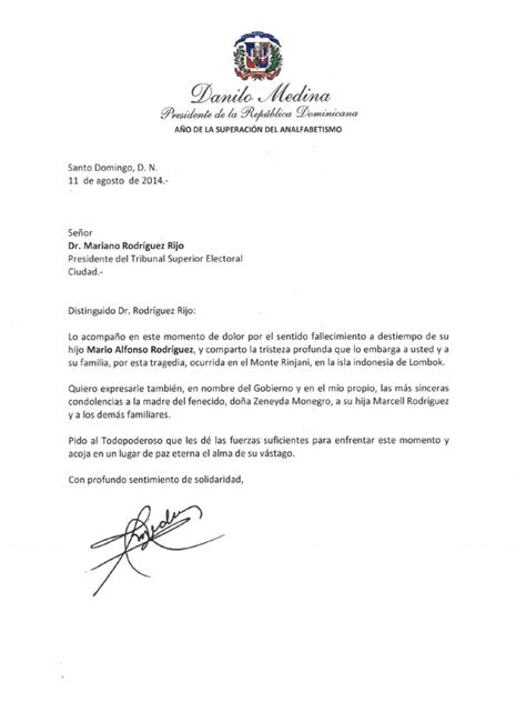 Carta De Condolencias A Mariano Rodríguez Rijo