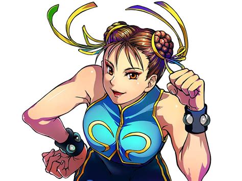 Chun Li Brown Eyes Smile Hair Ribbons Blue Costume Anime Capcom
