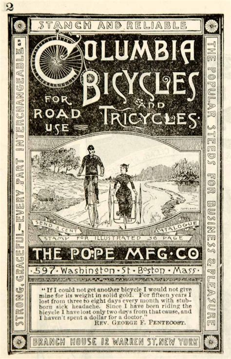 1885 Ad Antique Columbia Bicycle Tricycle Pope Mfg Rev George F Pent