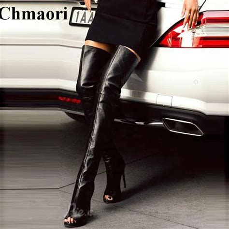 Women Newest Arrival Open Toe Black Leather Over Knee High Heel Boots Cut Out Back Zipper Up