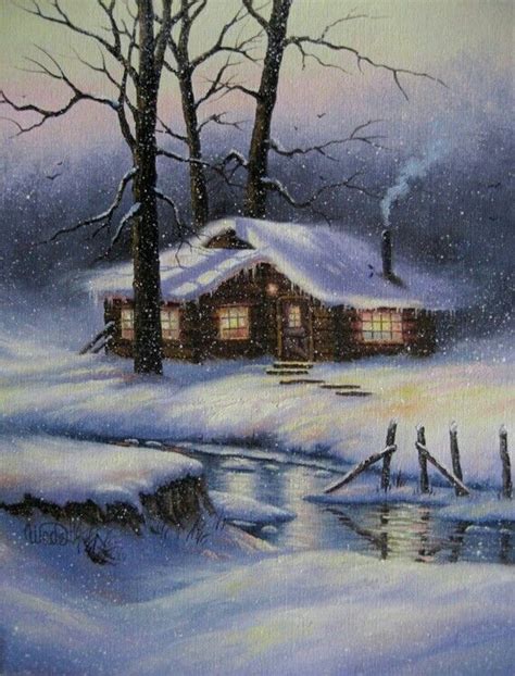 Cabin In The Woods Winter Landscape Winter Painting Snowy Cabin