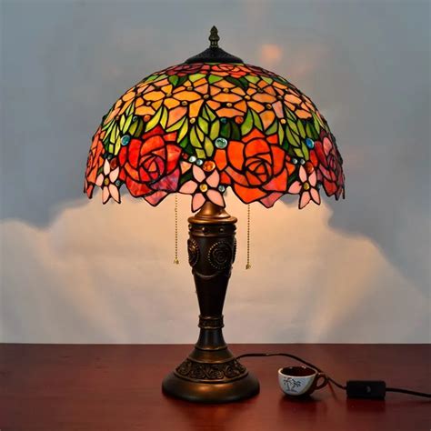 16 Inch Rose Flowers Tiffany Table Lamp Country Style Stained Glass Lamp For Bedroom Bedside
