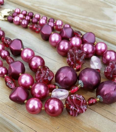 Vintage Fuschia Purple Beaded Three Stranded Necklace Signed