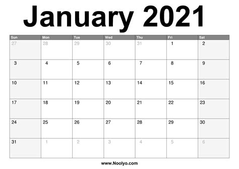 Printable Monthly Calendar January 2021 Free Letter Templates