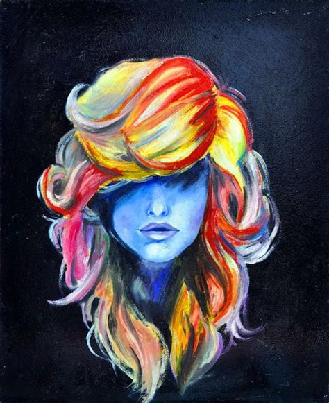 Abstract Handmade Painting Girl Portrait With Colorful Hair On Oil