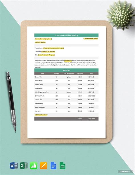 Construction Bid Excel Templates Spreadsheet Free Download