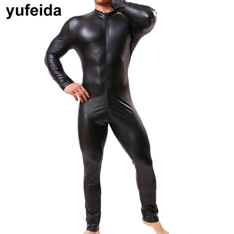 yufeida sexy faux leather mens long pants jumpsuits leotard costume gay man underwear bodysuit