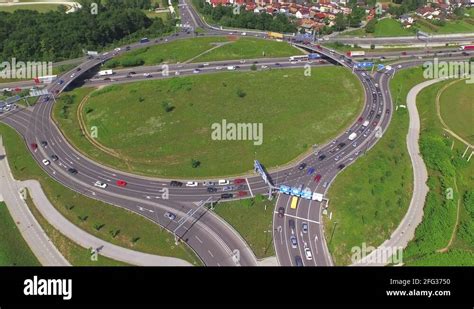 Aerial Big Multi Lane Roundabout Intersection In Highway Junction