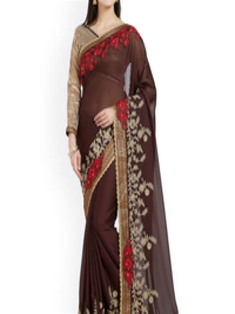 Buy Indian Women Brown Embellished Pure Chiffon Saree