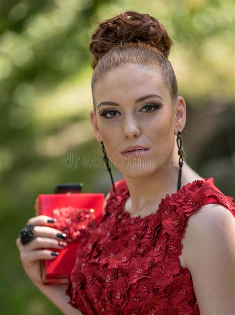 Stylish Girl In Red Dress Outdoor Fashion Portrait Selective Focus