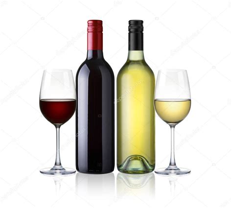Bottles And Glasses Of White And Red Wine Isolated On White Back