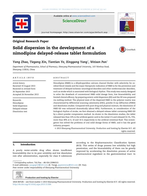 Pdf Solid Dispersion In The Development Of A Nimodipine Delayed