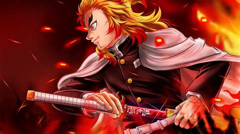 Kyojuro Rengoku With Sword Fire Background Demon Slayer Kimetsu No