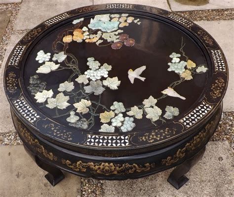 Antique Old Inlaid Oriental Chinese Japanese Coffee Table Carved Stones