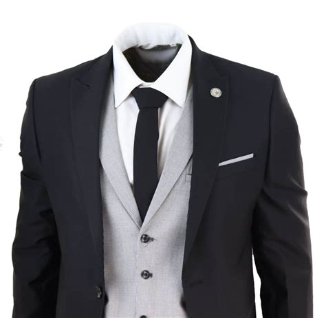 Mens Black 3 Piece Suit With Contrasting Grey Waistcoat Buy Online Happy Gentleman