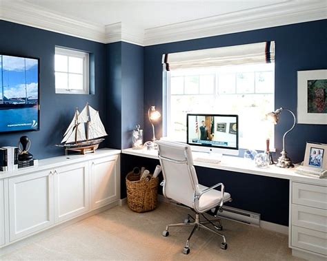 Home Office Ideas Blue Walls With White Furnitures Cozy Home Office