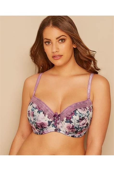 Lilac Floral Print Satin Underwired Bra With Lace Trim Moulded Cups