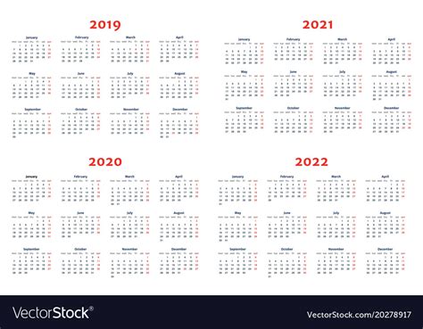 Calendar For 2019 2022 Years Royalty Free Vector Image