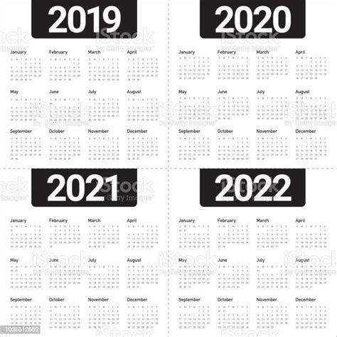 Year 2019 2020 2021 2022 Calendar Vector Design Template Stock
