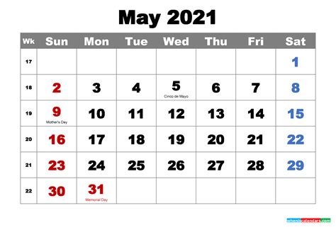 Free Printable May 2021 Calendar With Holidays As Word Pdf