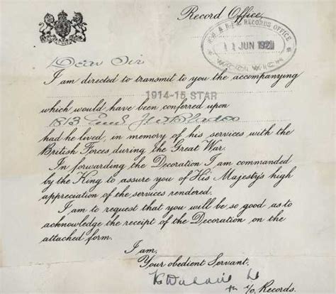 Official Letter Accompanying 1914 15 Star First World War Poetry